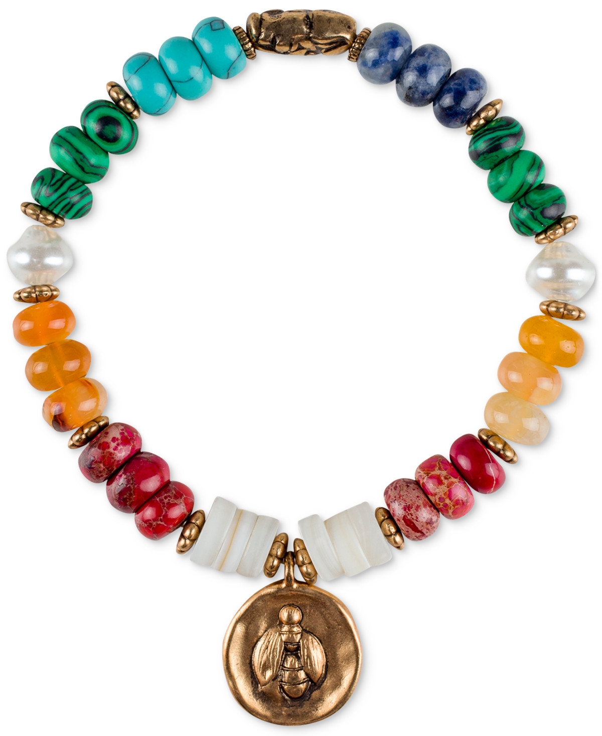 Patricia Nash Gold-tone Bee Charm Multicolor Beaded Stretch Bracelet In Antique Gold