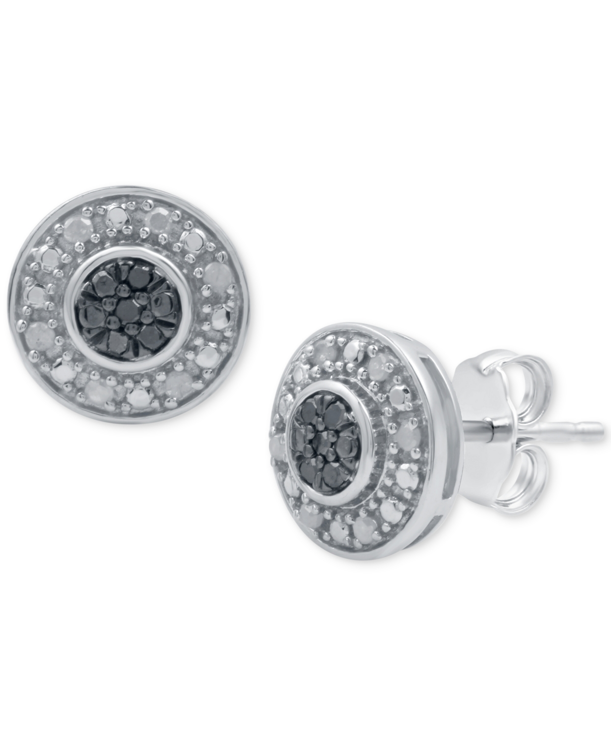 Macy's Black Diamond (1/20 Ct. T.w.) & White Diamond (1/10 Ct. T.w.) Halo Cluster Stud Earrings In Sterling In Sterling Silver