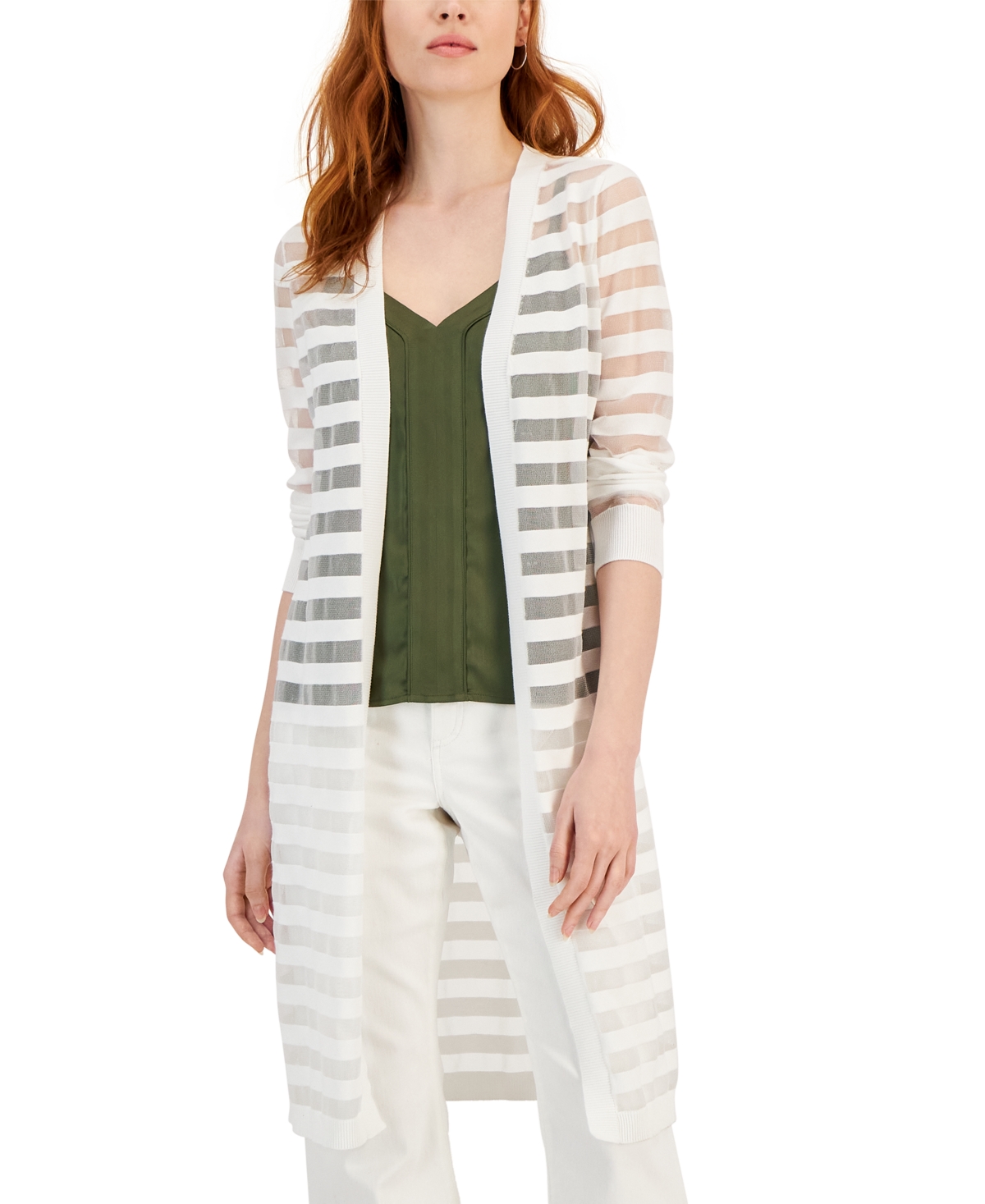 Inc International Concepts Women's Striped Long Cardigan, Created For Macy's In Bright White