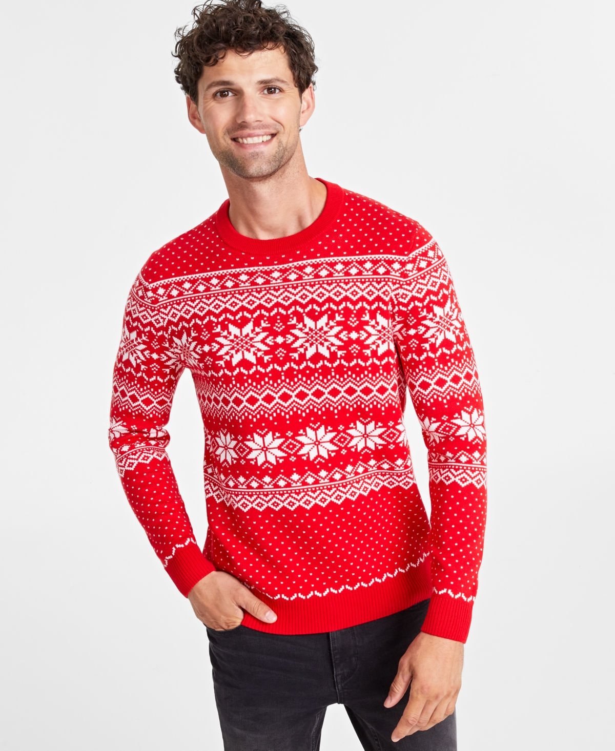 Holiday Lane Men's Festive Fair Isle Crewneck Sweater, Created for Macy's - Ravishing Red Combo