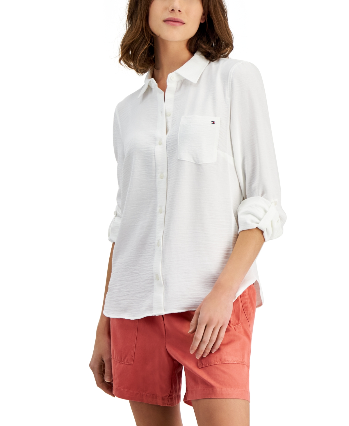 Tommy Hilfiger Plus Size Roll-tab-sleeve Button-down Emblem Shirt In Ivory
