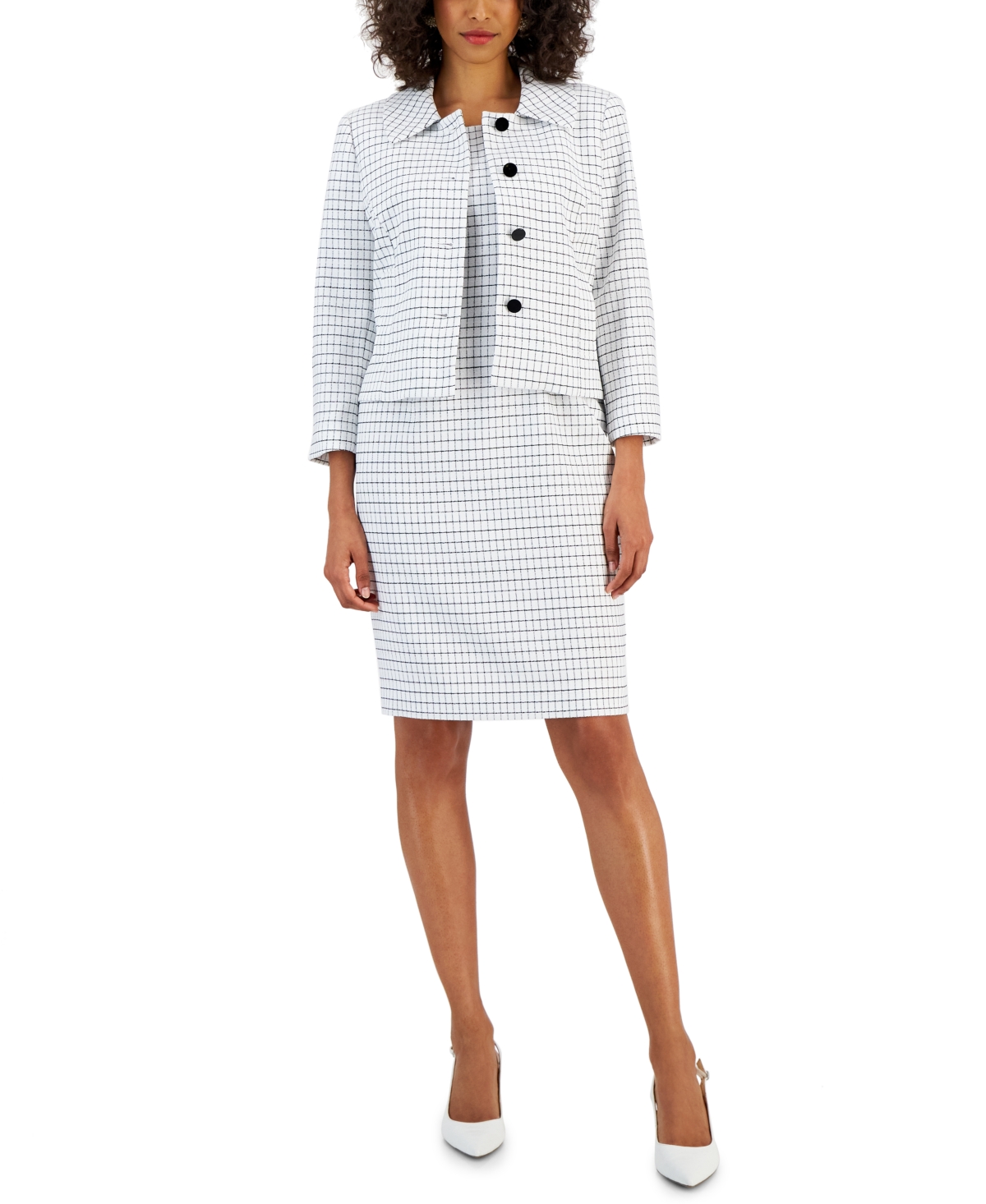 Women's Checkered Button-Front Jacket & Sheath Dress Suit - Vanilla Ice/Black