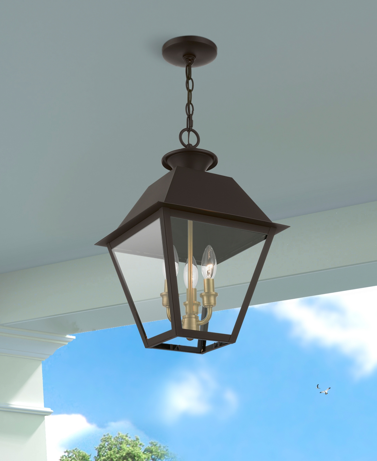 Livex Wentworth 3 Light Outdoor Pendant Lantern - Bronze with Antique Brass