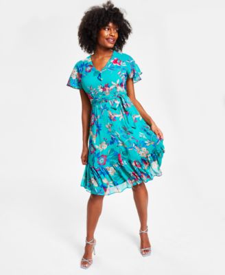 Calvin Klein Women's Printed Flutter-Sleeve Fit & Flare Dress - Macy's