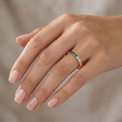 Timeless 14K Gold Plated Rainbow Multi-Color CZ Slim Band Ring