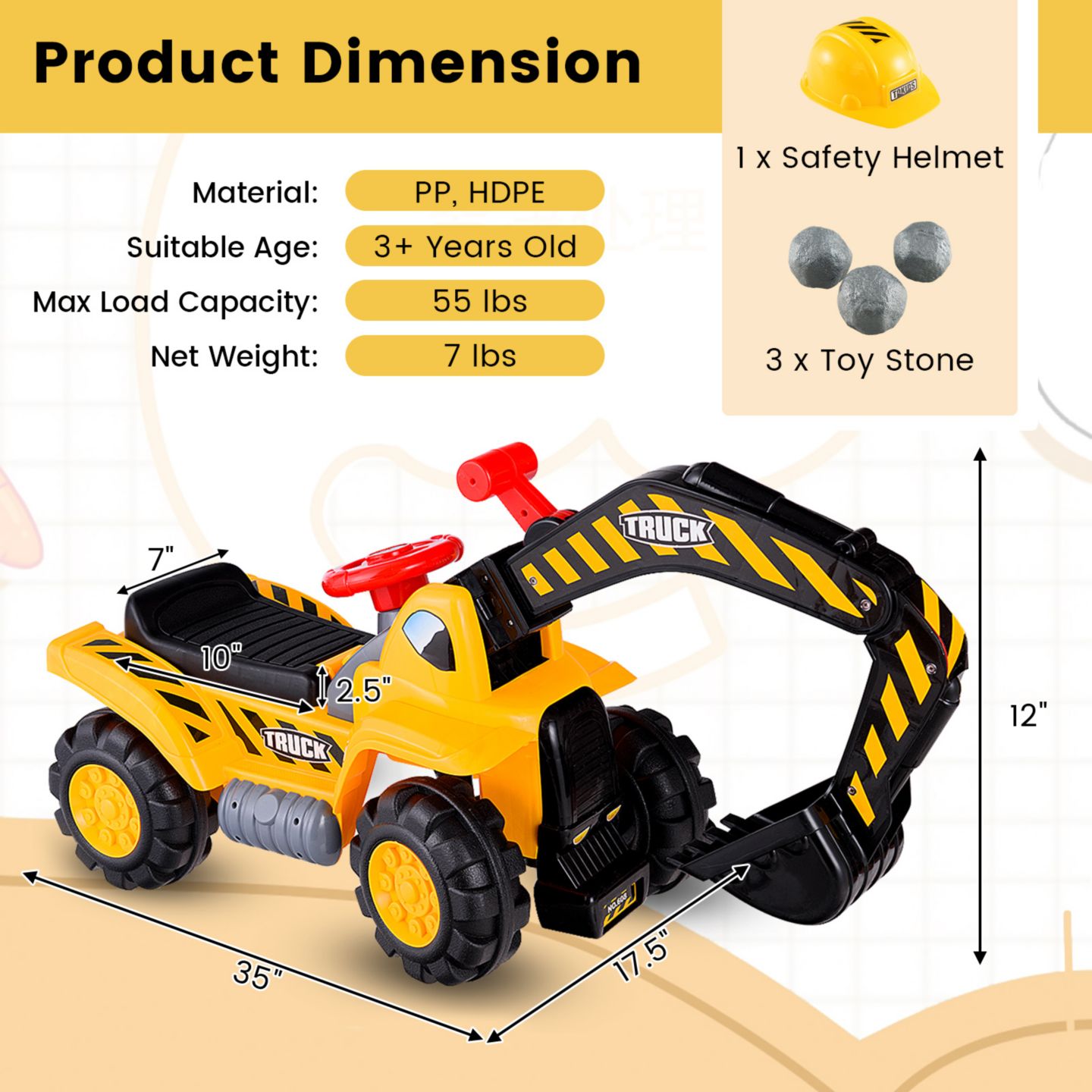 Детская игрушка Costway Kids' Ride-On Excavator Digger with Under-Seat Storage, 35"L x 17.5"W x 12"H, Ages 3+, цвет: Жёлтый — фото 10