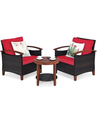 3PCS Patio Rattan Furniture Set Wooden Frame Cushion Table Shelf