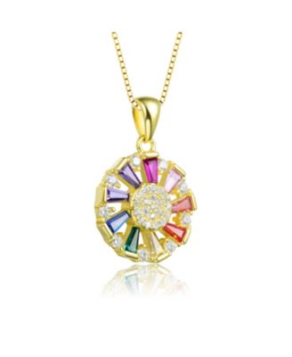 Sterling Silver Round and Baguette Colored Cubic Zirconia Wreath Pendant Necklace