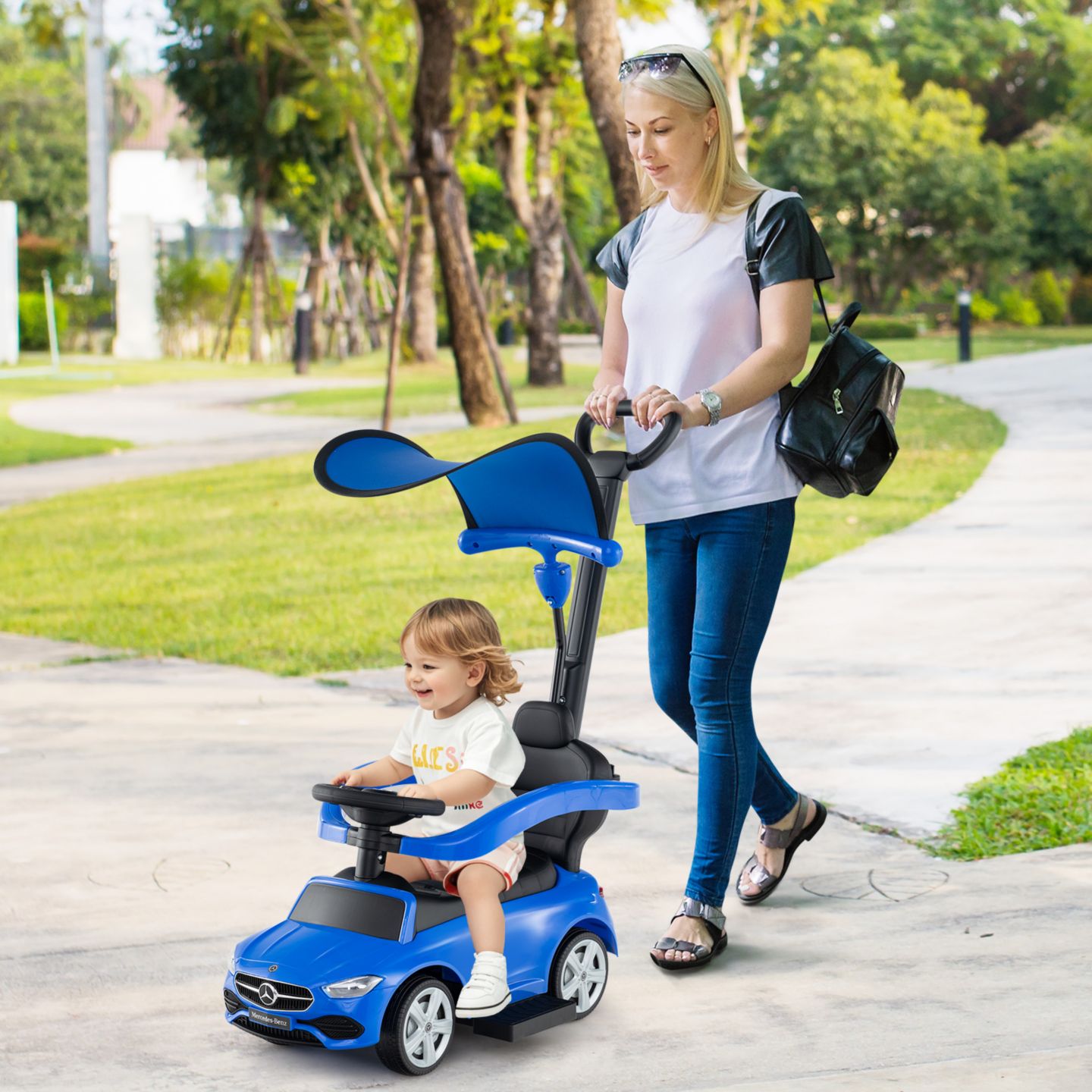 Детская игрушка Costway 3 in 1 Mercedes Benz Ride-On Push Car, Ages 18-36 Months, цвет: Синий — фото 2