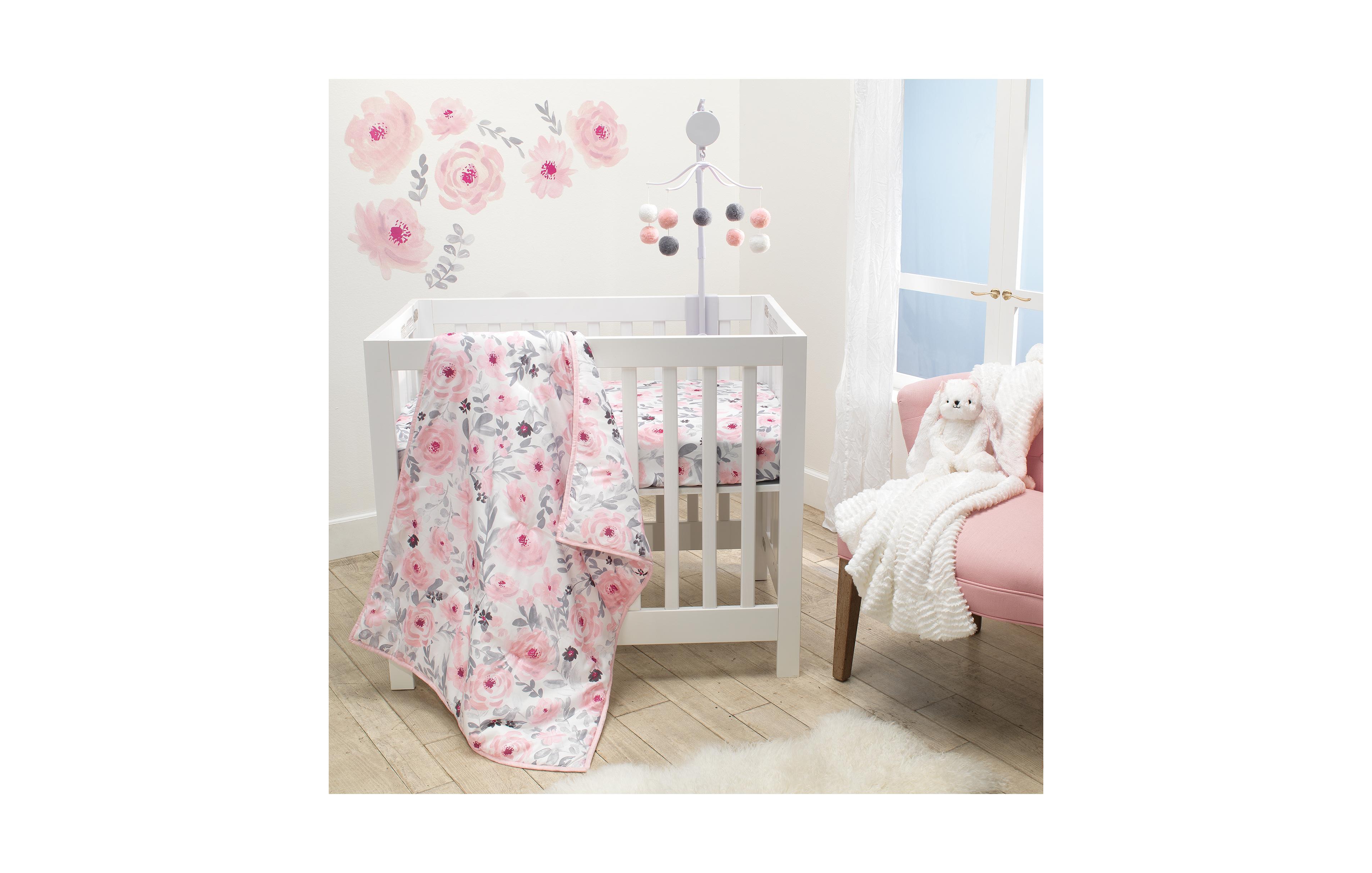 Bedtime Originals Blossom Pink Watercolor Floral 3-Piece Mini Crib Bedding Set