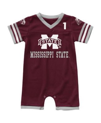 Newborn and Infant Boys and Girls Maroon Mississippi State Bulldogs Bumpo Football Logo Romper