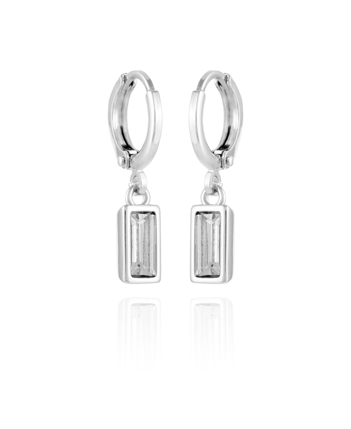 Silver-Tone Rectangular Glass Stone Dangle Huggie Hoop Earrings - Silver