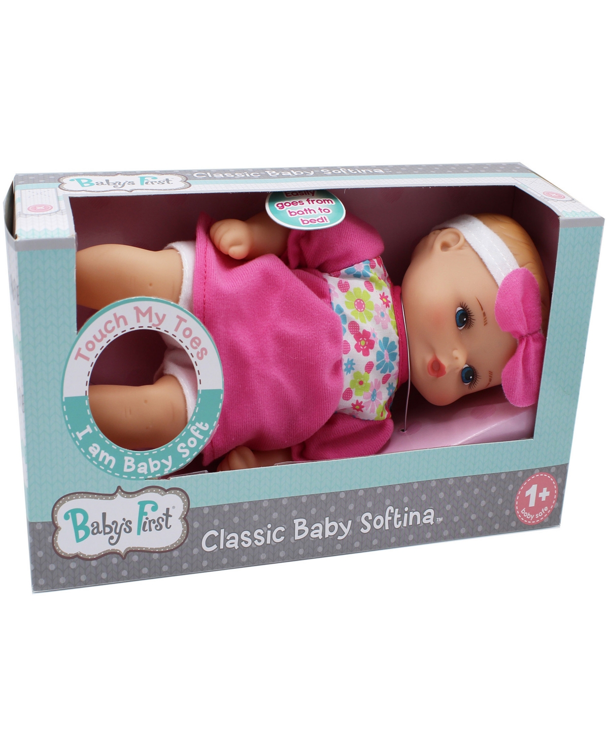 Baby's First By Nemcor Babies' Goldberger Doll 11" Classic Softina With Pink Foral Jumper Headband In Multi