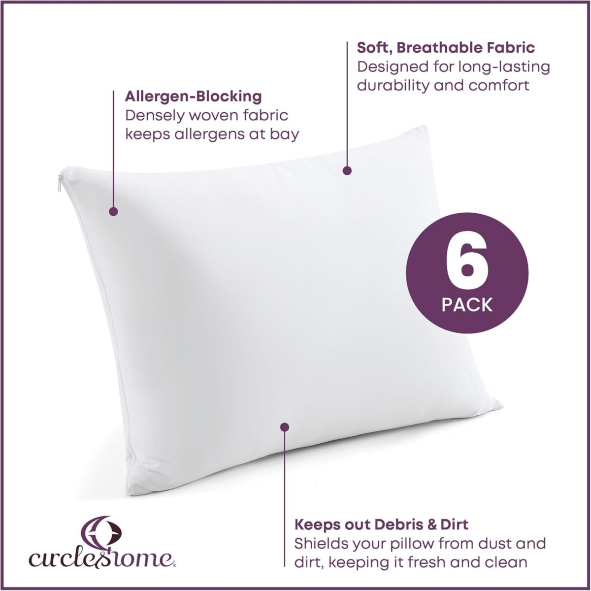 Circles Home 100% Cotton Breathable Pillow Protector with Zipper –(6 Pack) - White