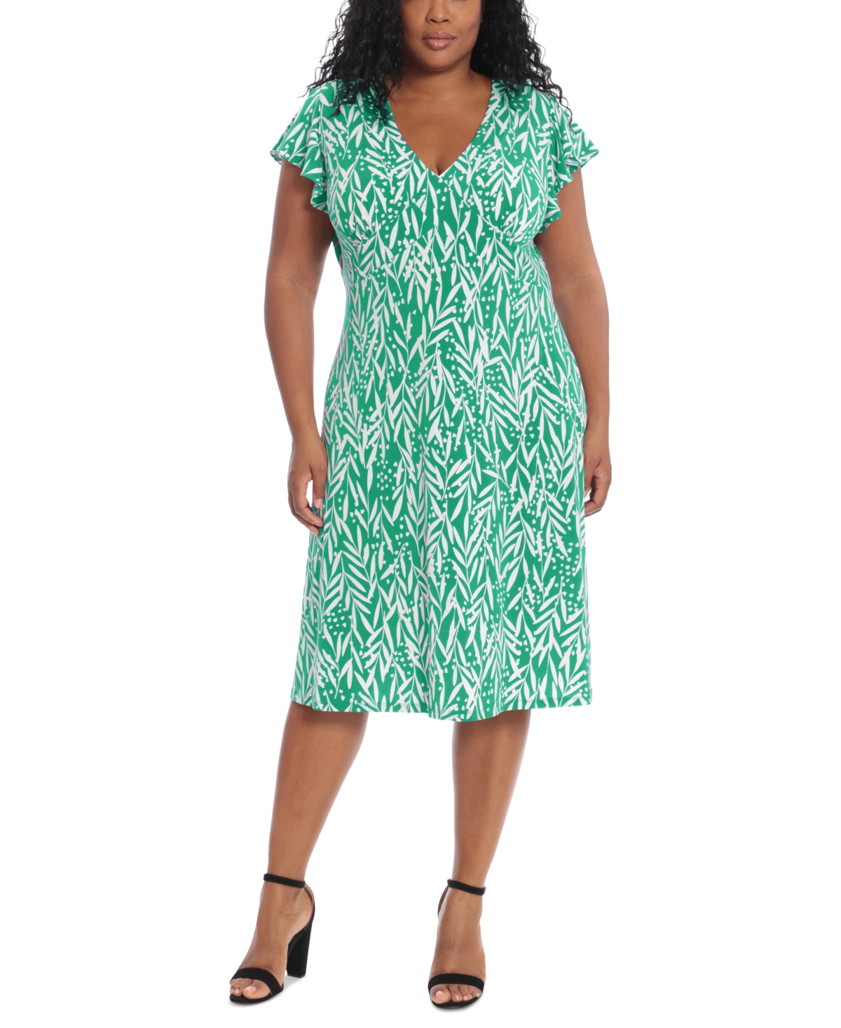 Plus Size Printed Fit & Flare Dress - Green/White