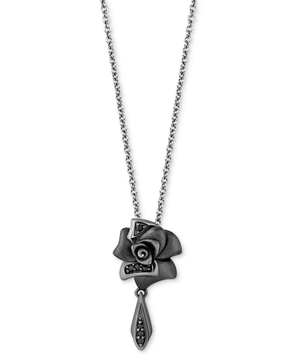 Enchanted Disney Fine Jewelry Black Diamond Maleficent Flower Pendant Necklace (1/20 ct. t.w.) in Sterling Silver & Black Rhodium-Plate, 16" + 2" extender