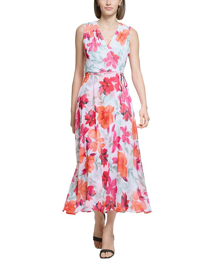 Calvin Klein Women's Floral-Print Faux-Wrap Maxi Dress - Macy's