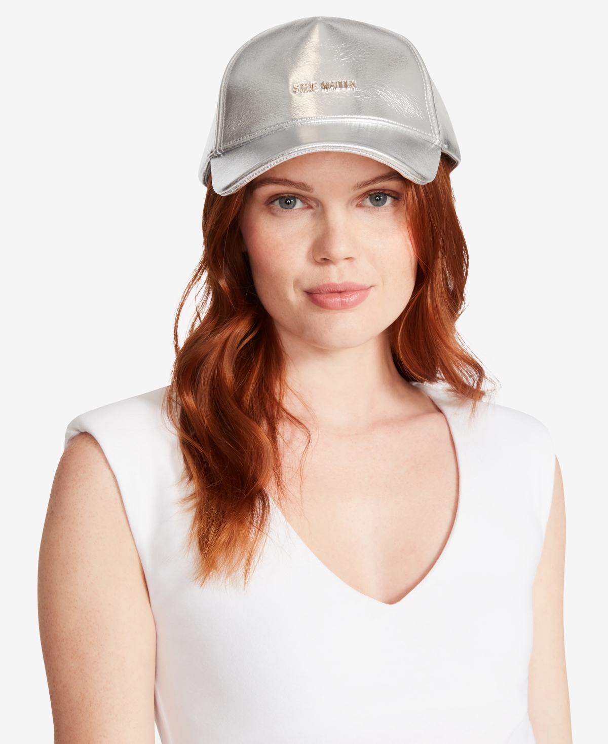 Steve Madden Women's Faux-leather Shine Baseball Cap In Silver
