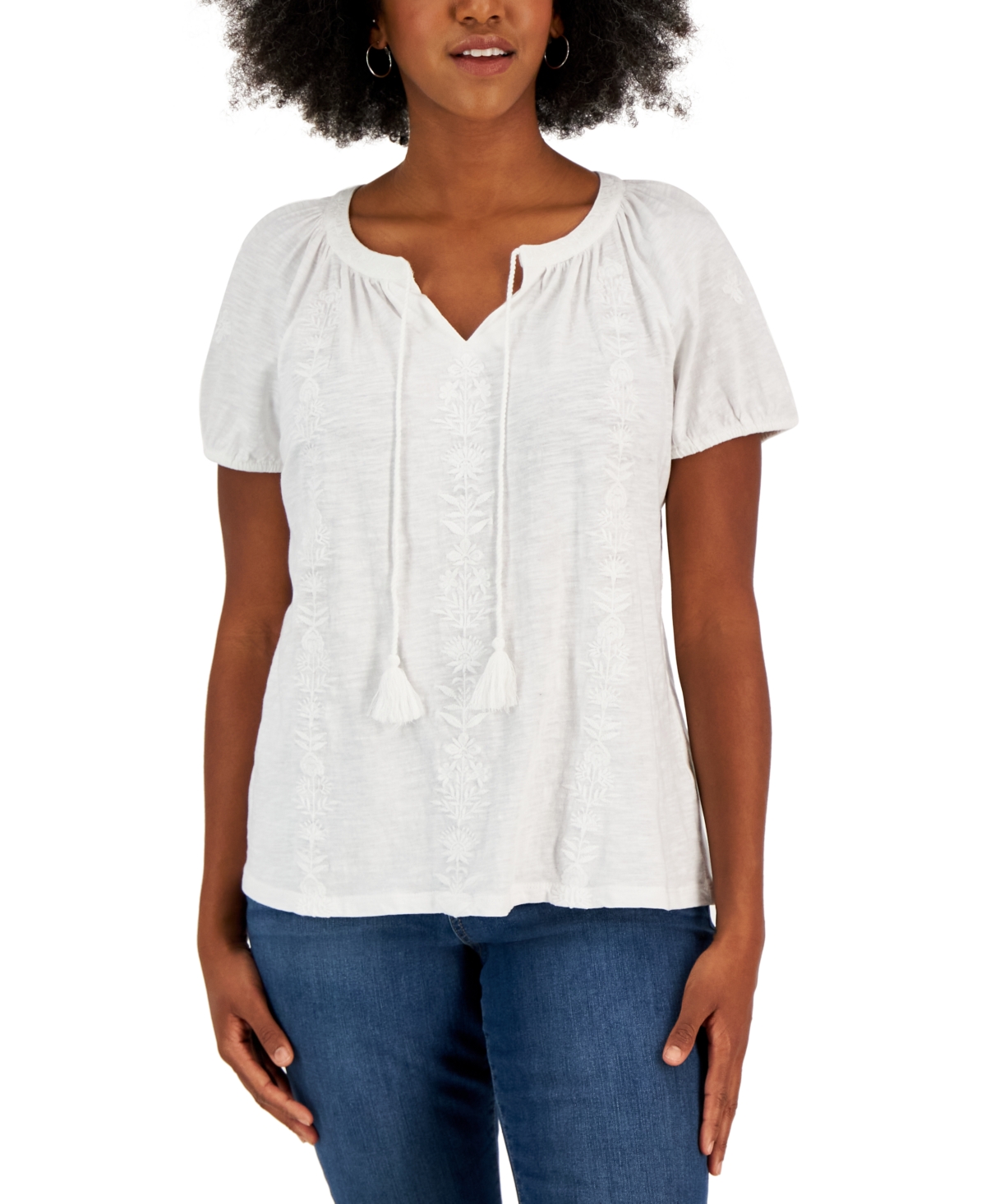 Style & Co Petite Embroidered Short Sleeve Vacay Top, Created For Macy's In Bright White
