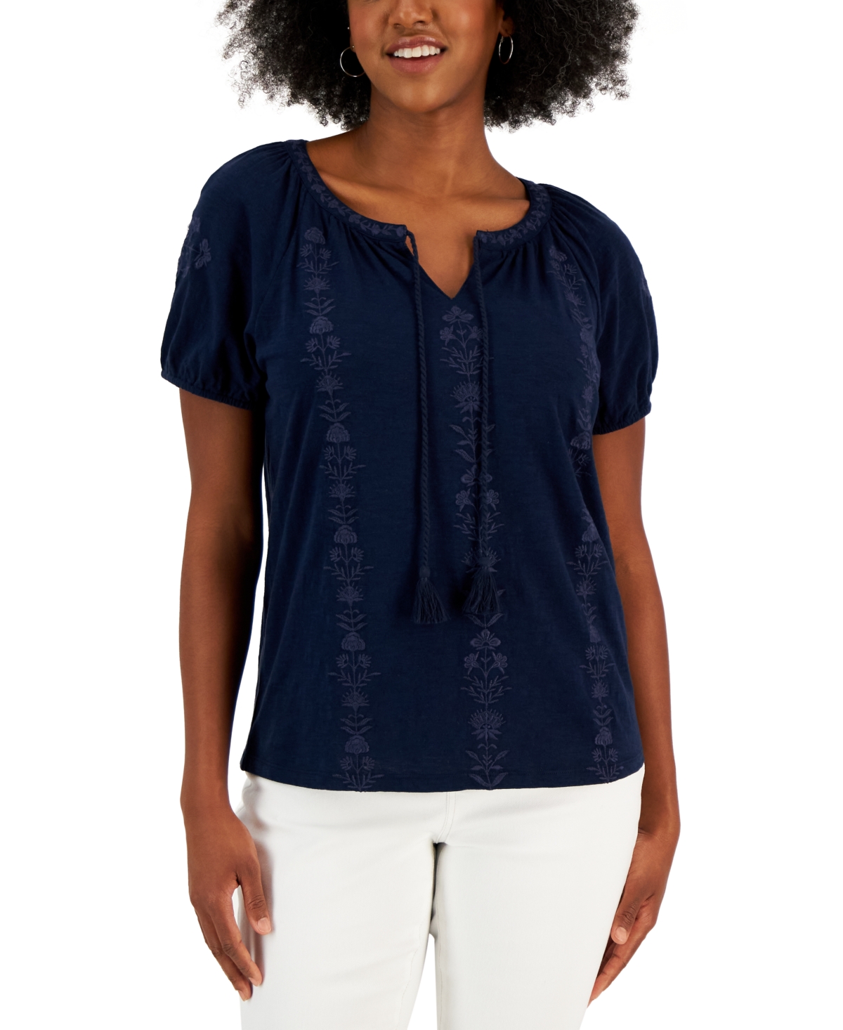 Style & Co Women's Cotton Embroidered Peasant Top, Created For Macy's In Industrial Blue