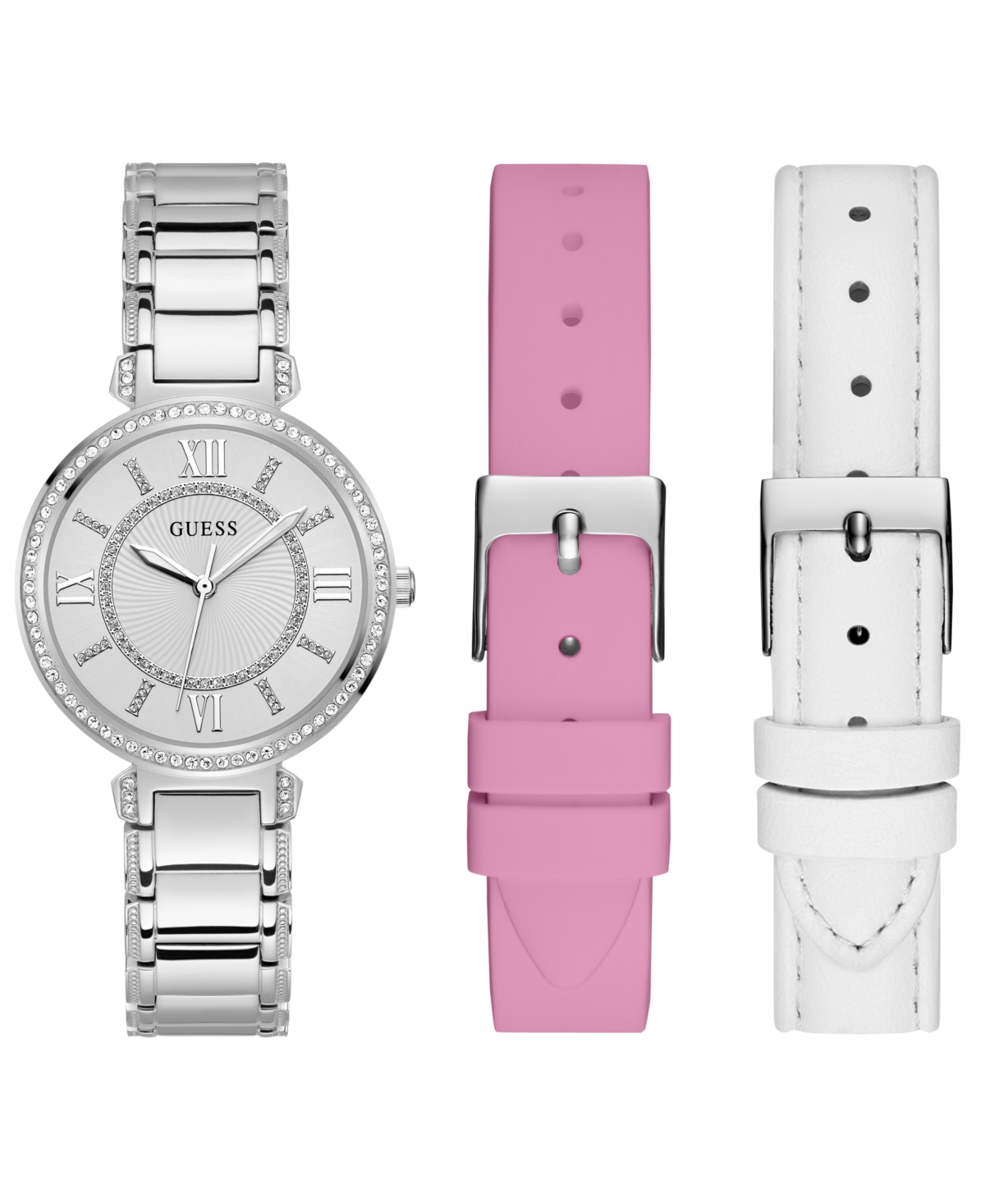 Guess Women's Analog Silver-tone Stainless Steel Watch With Pink, White Suede And Leather Strap Gift Set 3 In Silver Tone