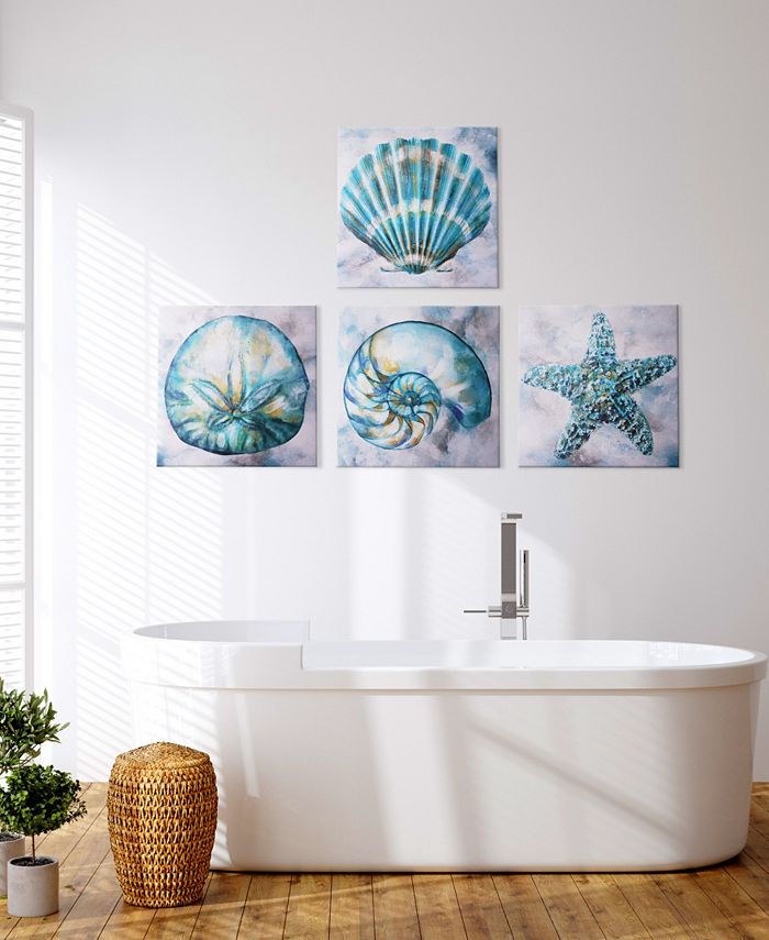 American Art Decor Coastal Beach Seashells Starfish 4 Piece Canvas Art ...