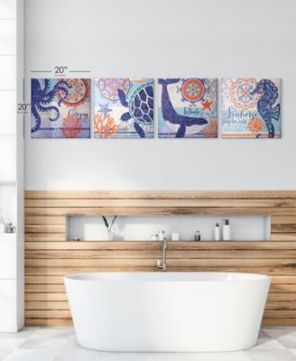 Coastal Ocean Whale Turtle Octopus Seahorse Nautical 4 Piece Beach Themed Canvas Art Set, 20" x 20"