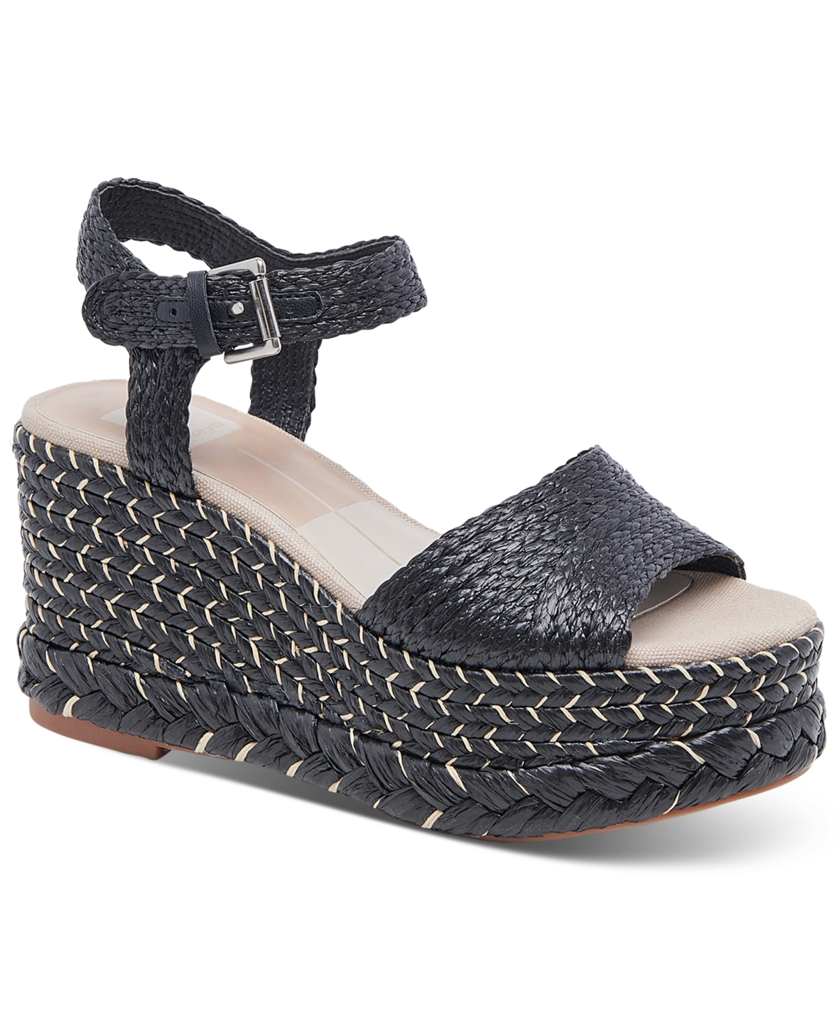 Shop Dolce Vita Women's Tiago Raffia Ankle-strap Espadrille Platform Wedge Sandals In Black Raffia