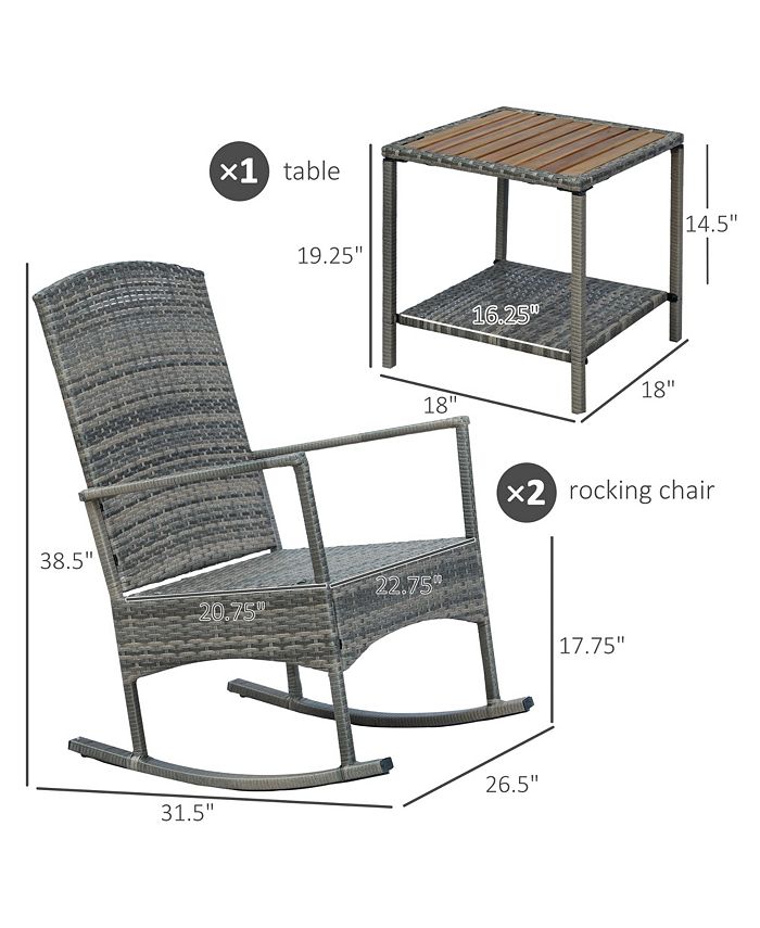Outsunny 3 Piece Patio Rocking Chair Set, 2 PE Wicker Rocking Chairs