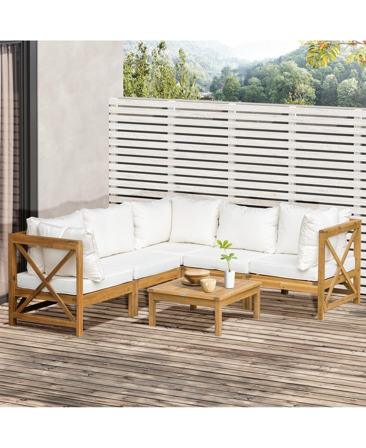 Outsunny Patio Conversation Furniture Set, Acacia Wood, 5 Seats, 6 Piece Outdoor Modular Sectional Sofa, Coffee Table, 3 Corner Segments, 2 Chair Segm
