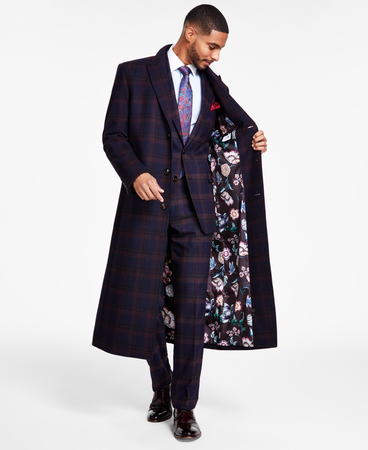 Tayion Collection Men's Classic-Fit Wool Blend Overcoats -burgundy
