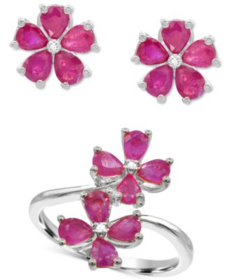 Lab Grown Ruby Flower Ring Stud Earrings Collection In Sterling Silver
