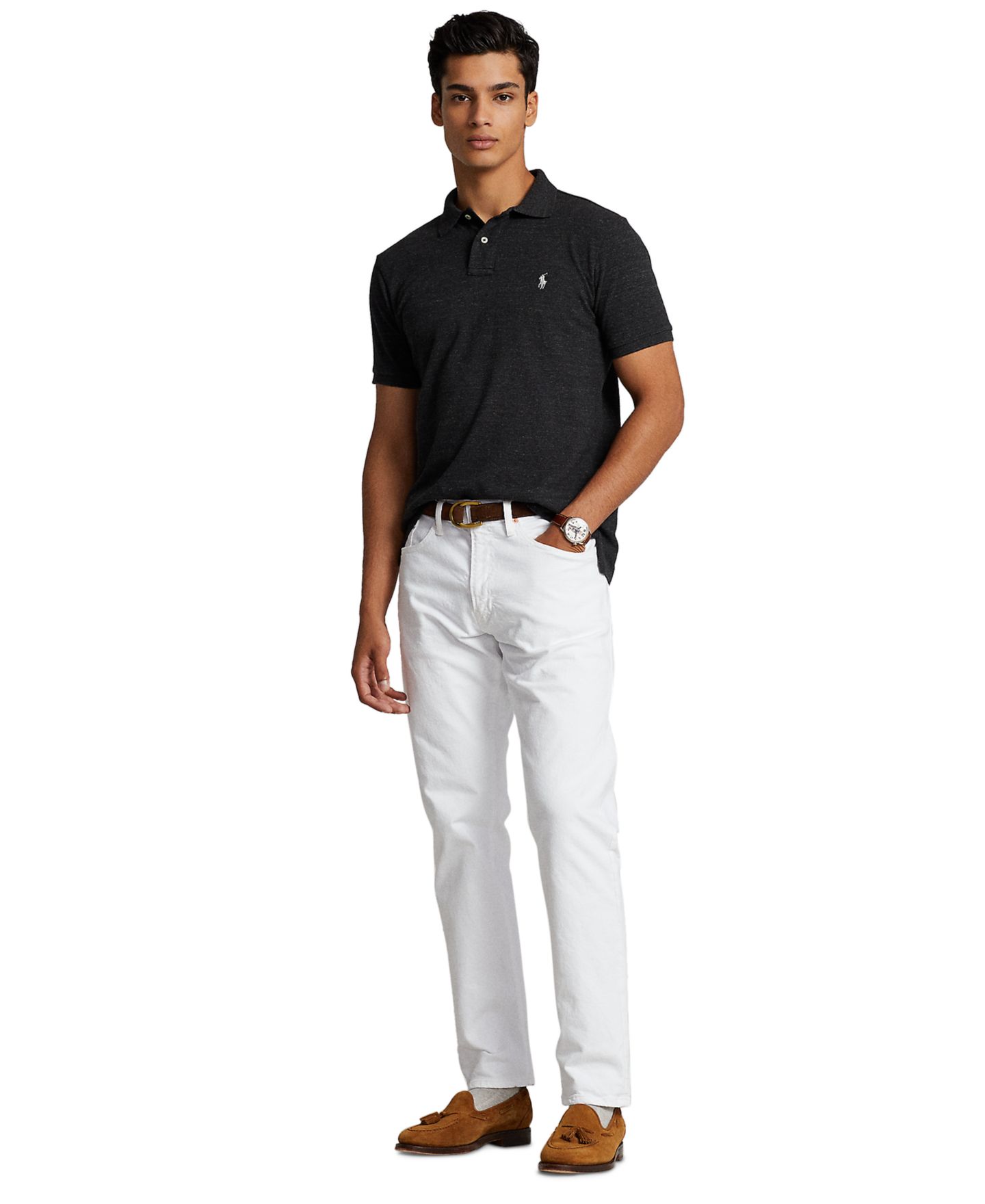 Мужское поло Polo Ralph Lauren Custom Slim-Fit Mesh Polo, цвет: Чёрный меланжевый — фото 2