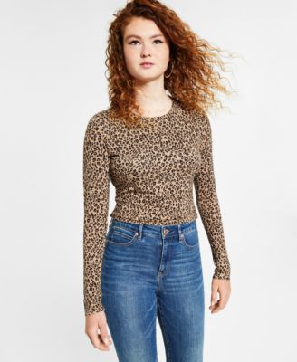 Bar III - Women's Round-Neck Animal-Print Long-Sleeve Top,