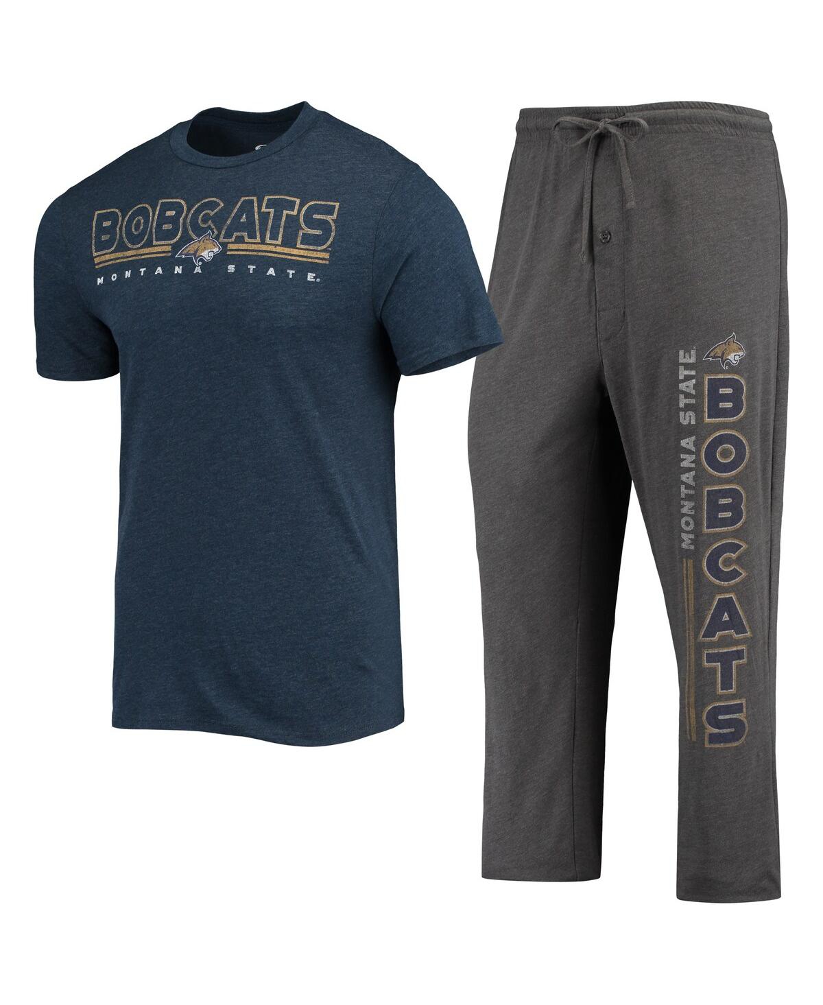 Concepts Sport Men's  Heathered Charcoal And Navy Montana State Bobcats Meter T-shirt And Pants Sleep In Heathered Charcoal,navy