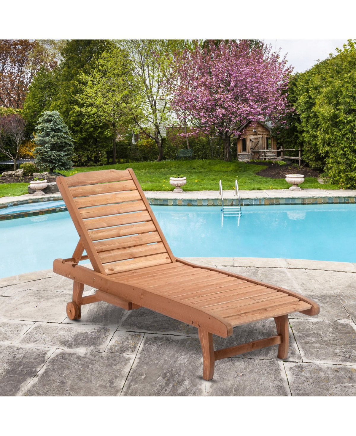 Outsunny Outdoor Sun Lounger, Wooden Chaise Lounge Chair with 3-Position Backrest, Pull-Out Tray & Wheels, for Beach, Poolside and Patio