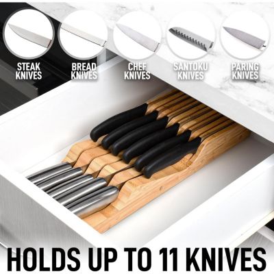 Bamboo Knife Drawer Organizer Insert - Edge-Protecting Knife Organizer Block Holds Up To 11 Knives