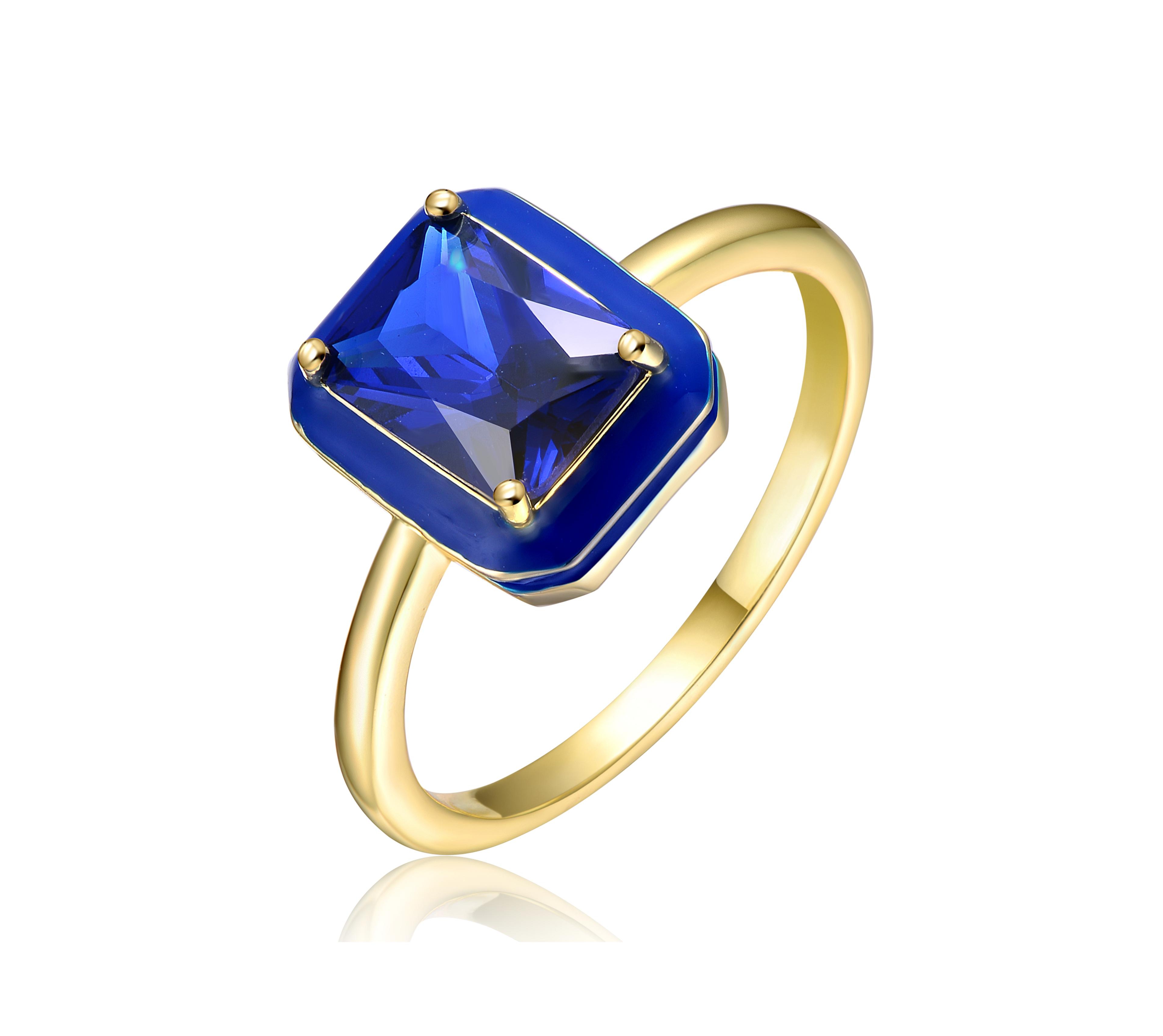 Ra 14k Yellow Gold Plated with Blue Cubic Zirconia Blue Enamel Radiant Halo Ring