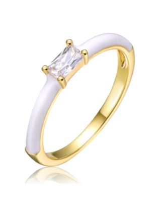 Kids/Teens 14k Gold Plated with Baguette Cubic Zirconia Solitaire White Enamel Slim Stacking Ring