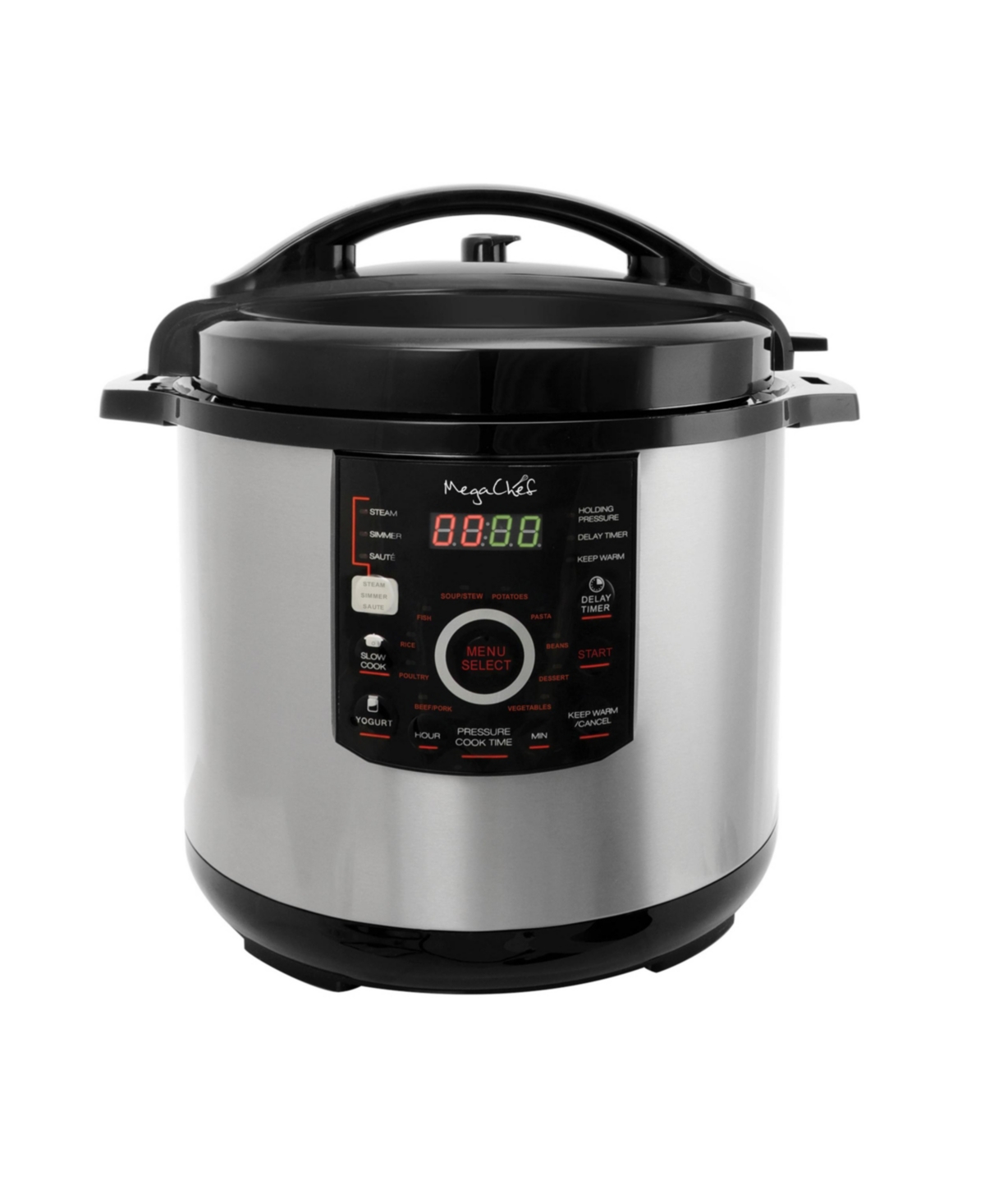 MEGACHEF 12 QT. STEEL DIGITAL PRESSURE COOKER WITH 15 PRESETS AND GLASS LID