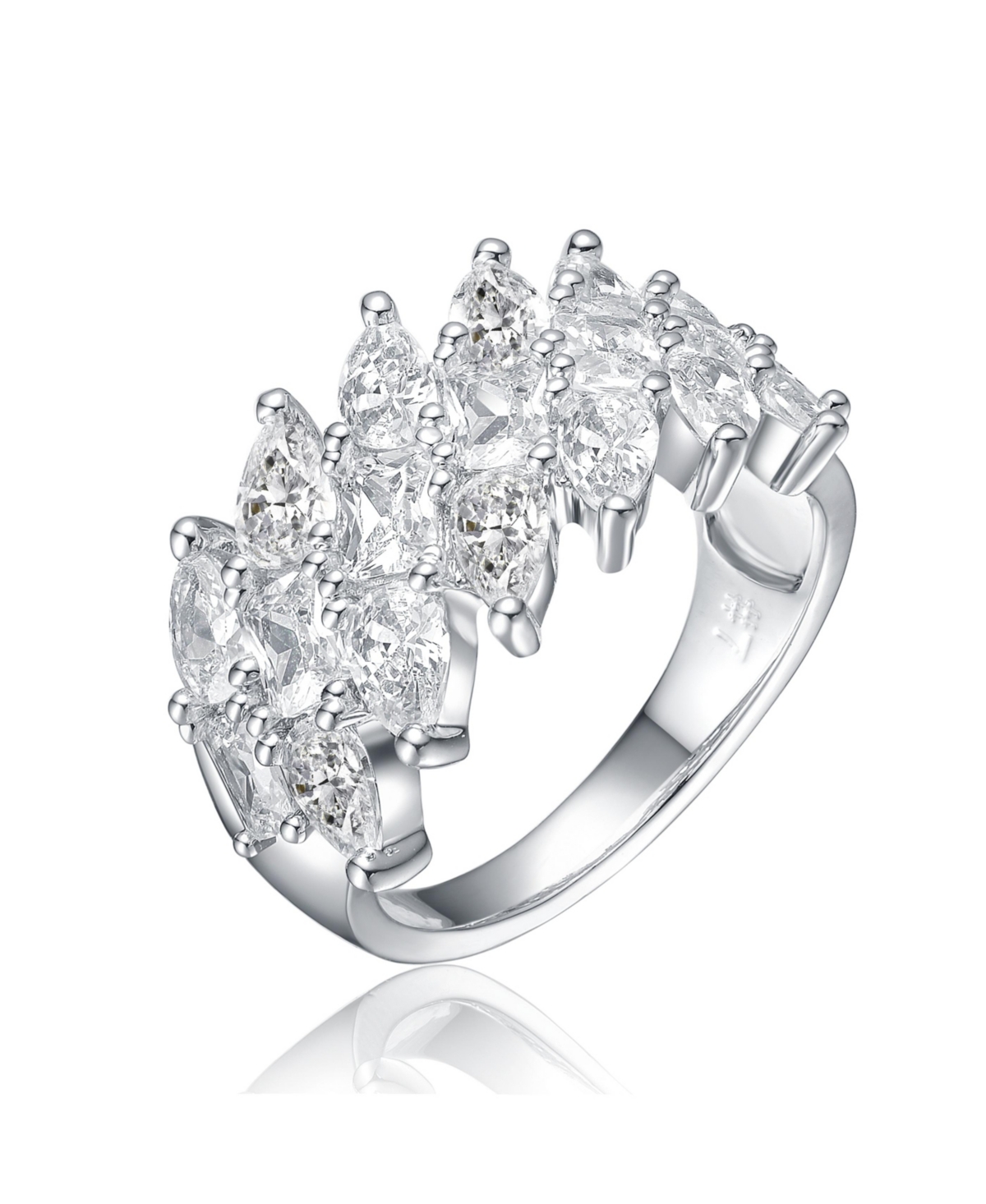 Ra White Gold Plated Clear Cubic Zirconia Marquise Cluster Ring - Silver