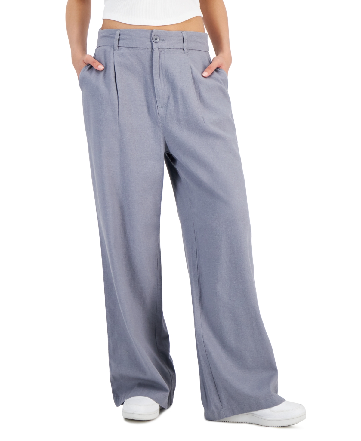 Shop Rewash Juniors' High-rise Linen Wide-leg Pleat-front Trouser Pants In Blue