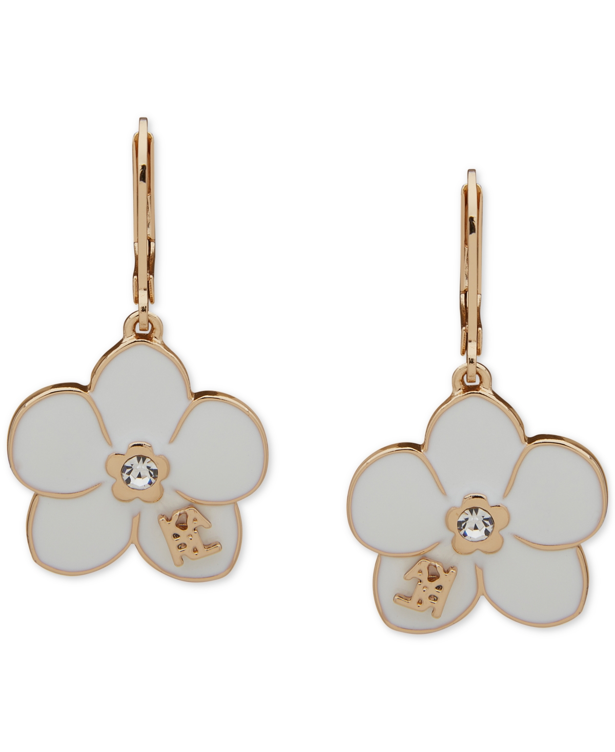 Gold-Tone Pave White Flower Logo Drop Earrings - Crystal