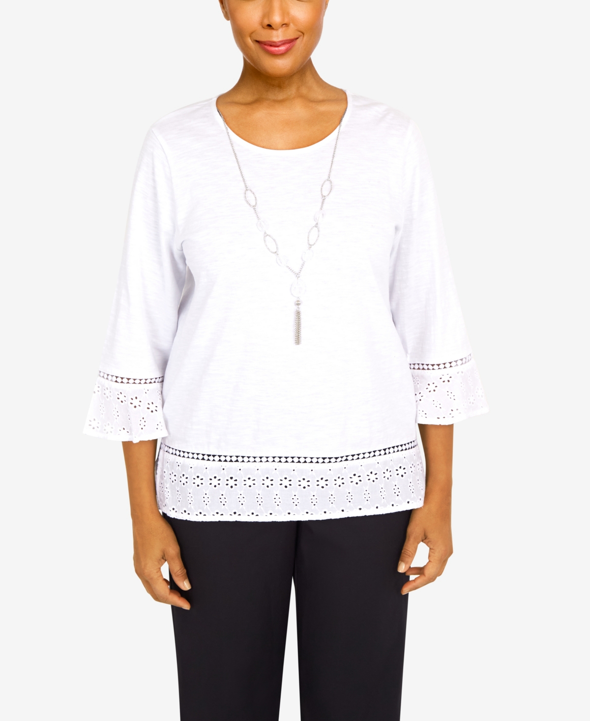 Alfred Dunner Petite Summer In The City Eyelet Hem 3/4 Sleeve With Necklace Knit Top In White