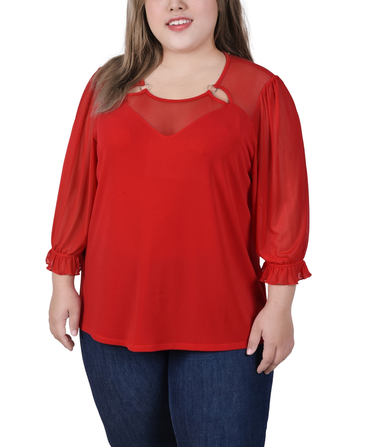 Ny Collection Plus Size 3/4 Sleeve Ringed Top With Mesh In Bittersweet