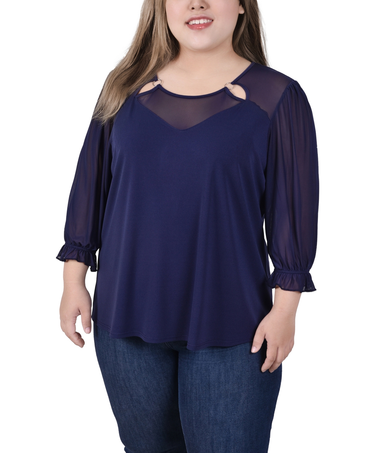 Ny Collection Plus Size 3/4 Sleeve Ringed Top With Mesh In Eclipse