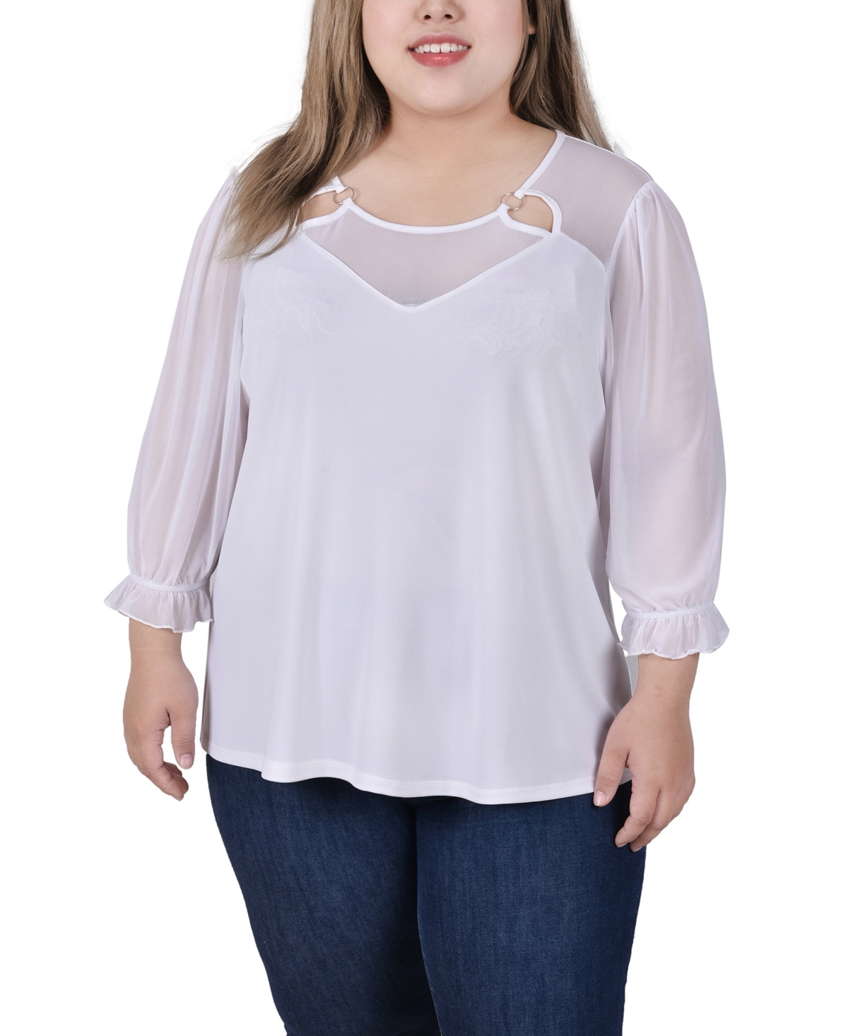Ny Collection Plus Size 3/4 Sleeve Ringed Top With Mesh In White