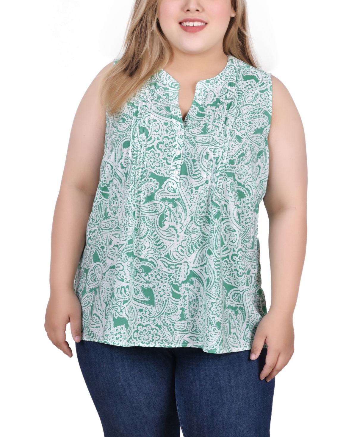 Shop Ny Collection Plus Size Sleeveless Pintucked Blouse In Green Ink Paisley