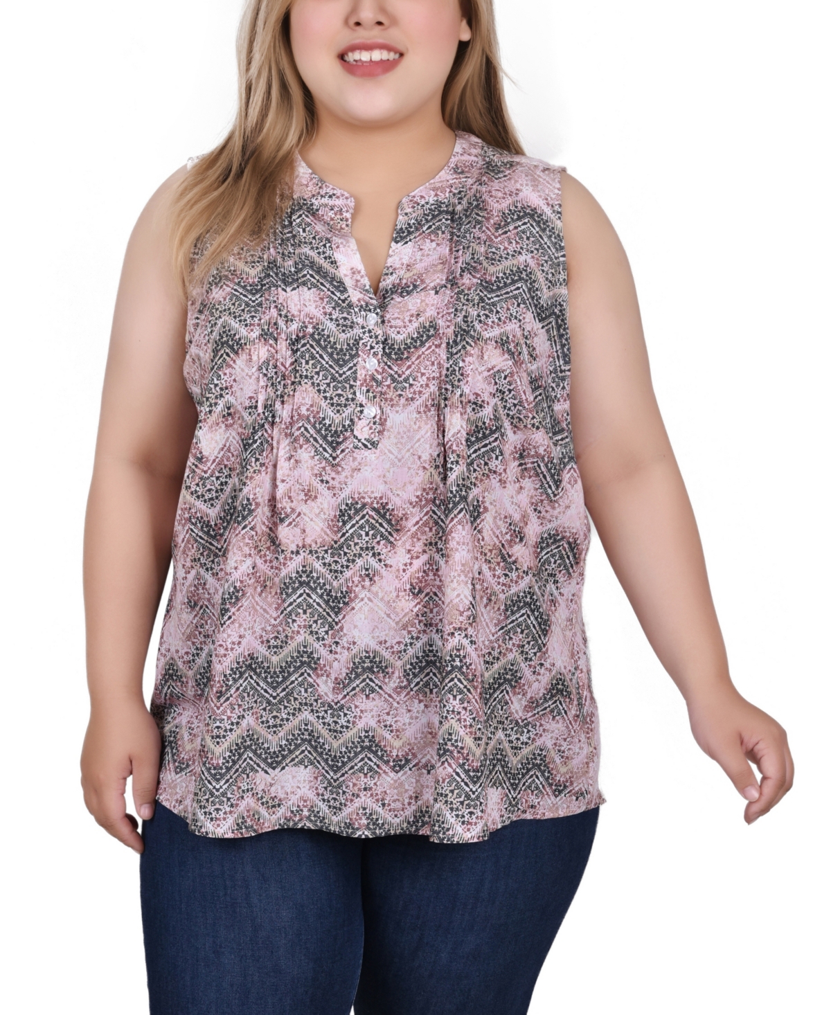 Ny Collection Petite Sleeveless Printed Pintucked Blouse In Mauve Chevronwash