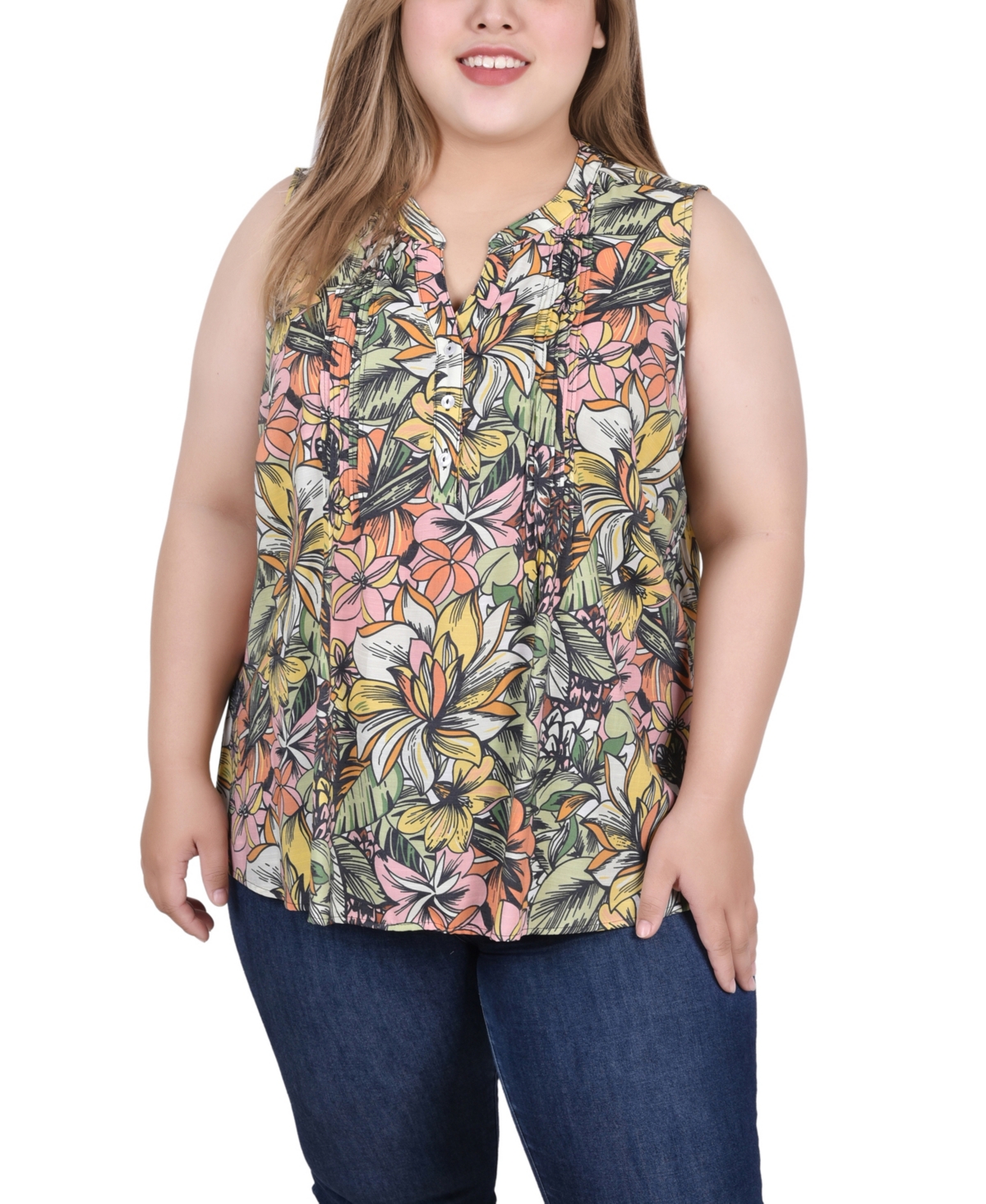 Shop Ny Collection Plus Size Sleeveless Pintucked Blouse In Green Capetropic